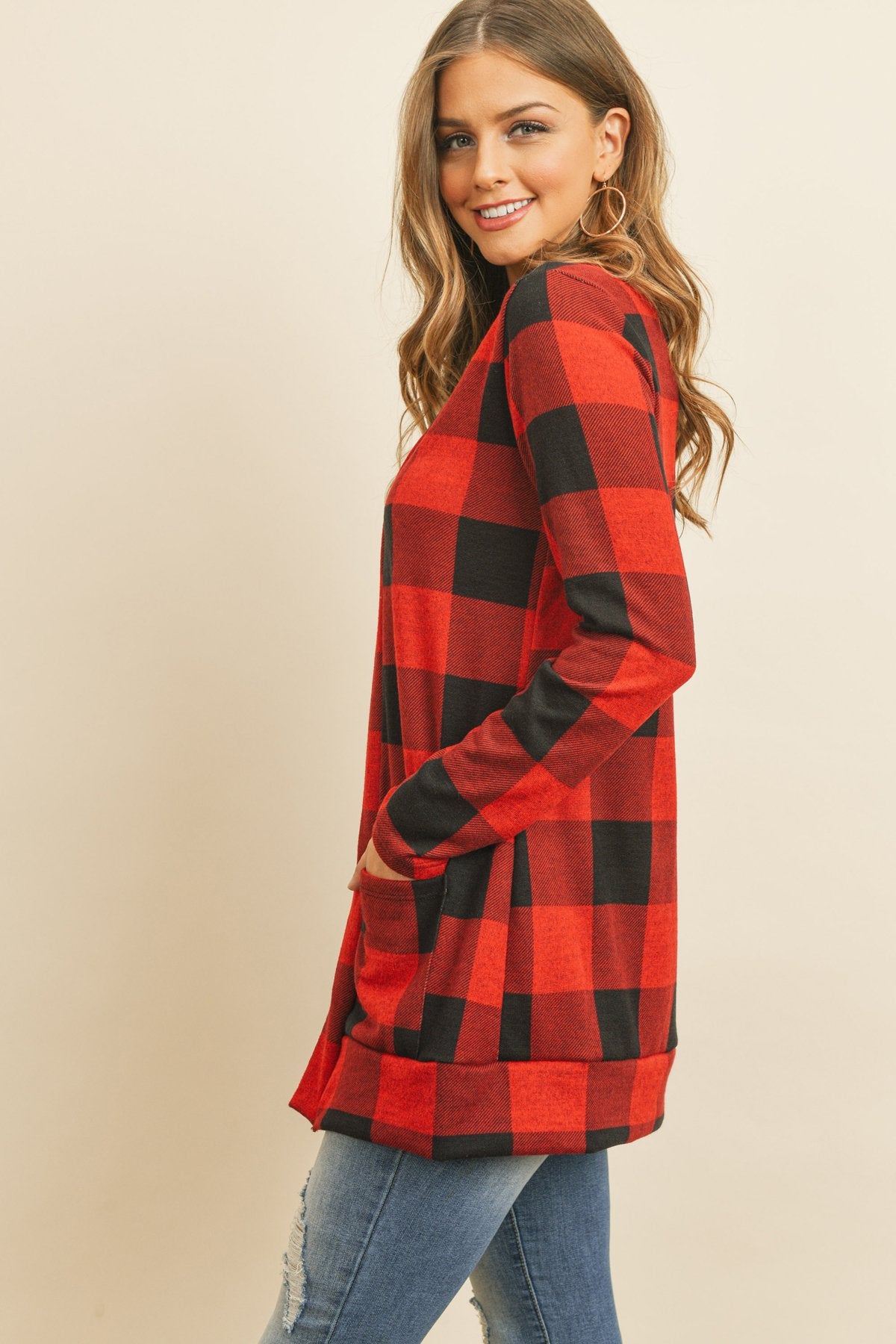 Riah Fashion - Plaid Long Sleeved Front Pocket Open Cardigan - 3 COLORS -