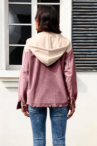 Thumbnail for Contrast Drawstring Snap Down Raw Hem Hooded Jacket - T - 5 COLORS -