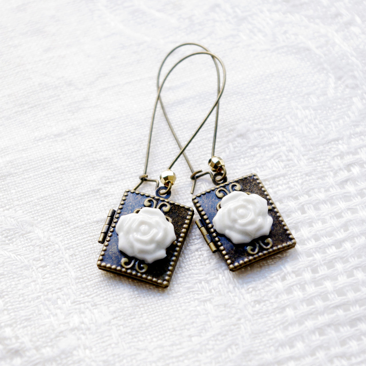 Classic Porcelain Rose on Vintage Book Locket Earrings -