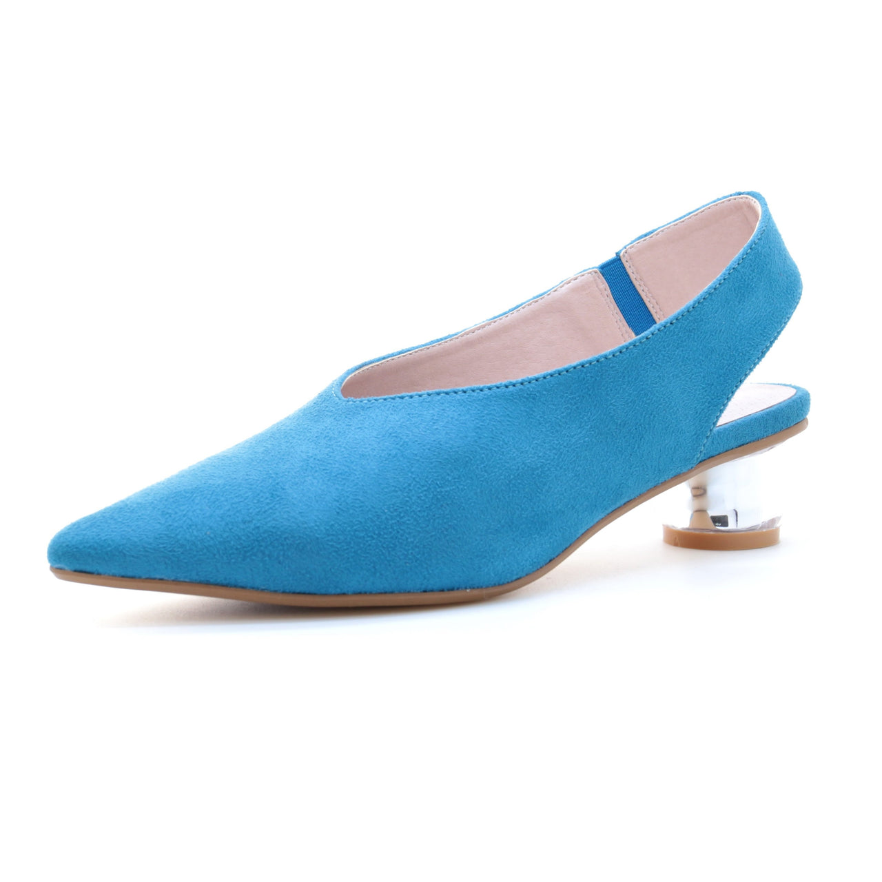 Clear Heel Suede Pointed Toe Pumps (Blue)