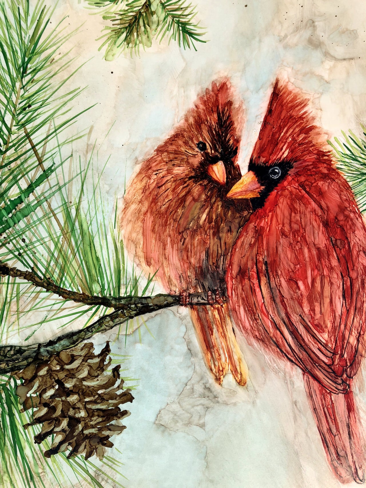 Cardinal Lovebirds : Greeting Card - 5"X7" - 1 OR SET(6) -