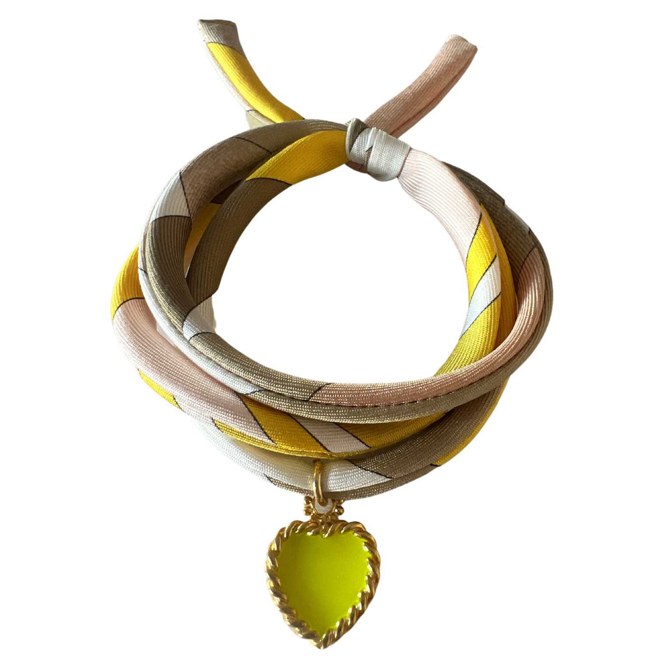 Akalia - Yellow Hand Printed Silk Twill Bracelet Sterling Silver Gold Plated Enamel Love Charm -