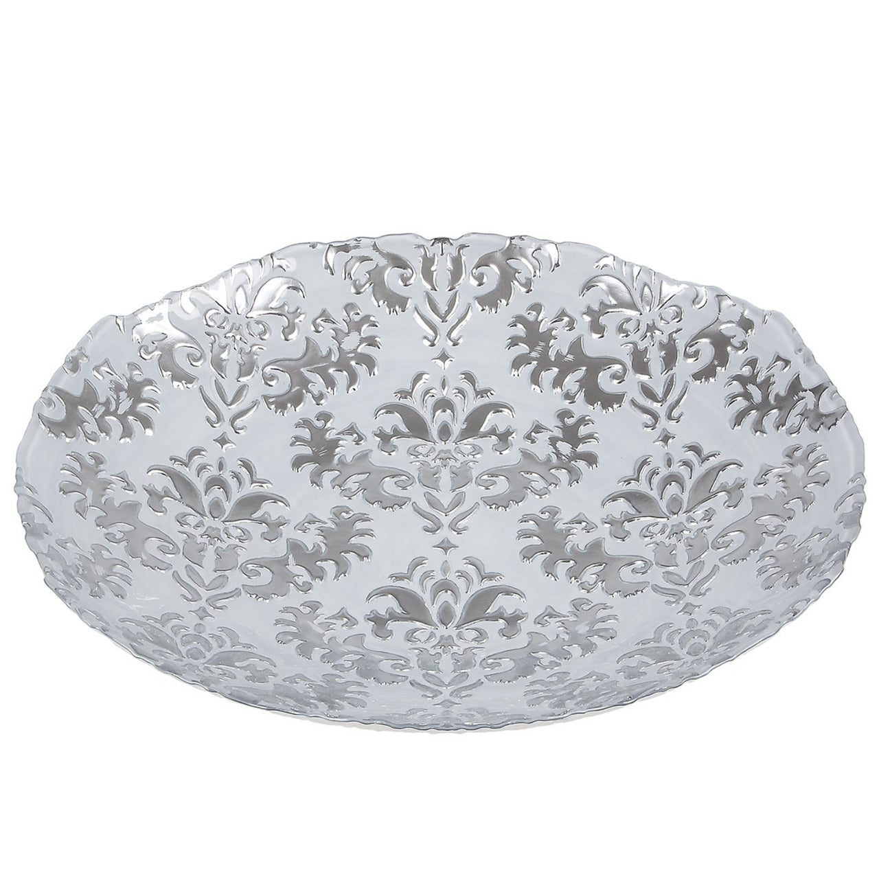 Damask 16" White Silver Shallow Bowl