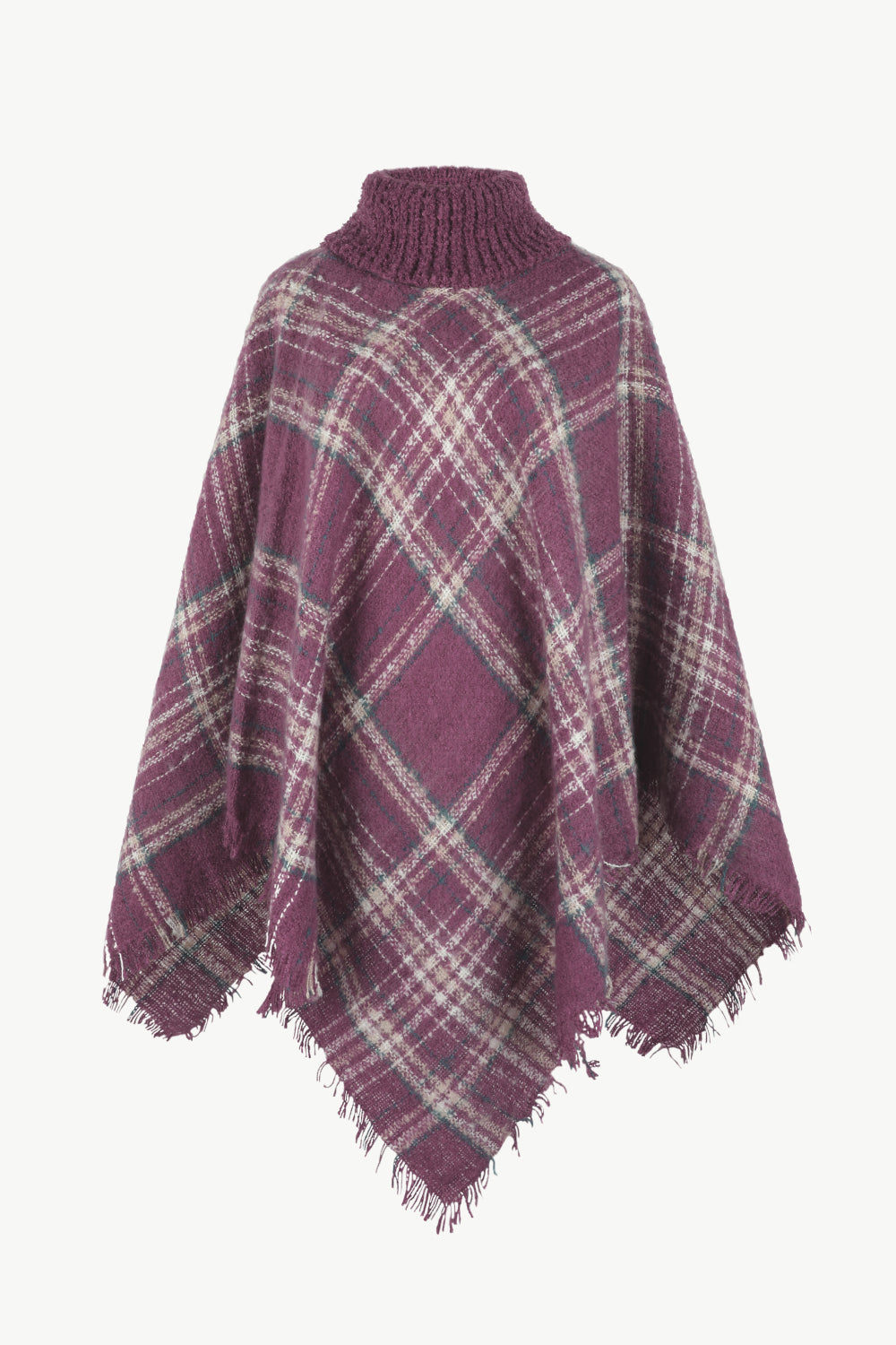 Plaid Turtleneck Fringe Hem Poncho - T - 6 COLORS -