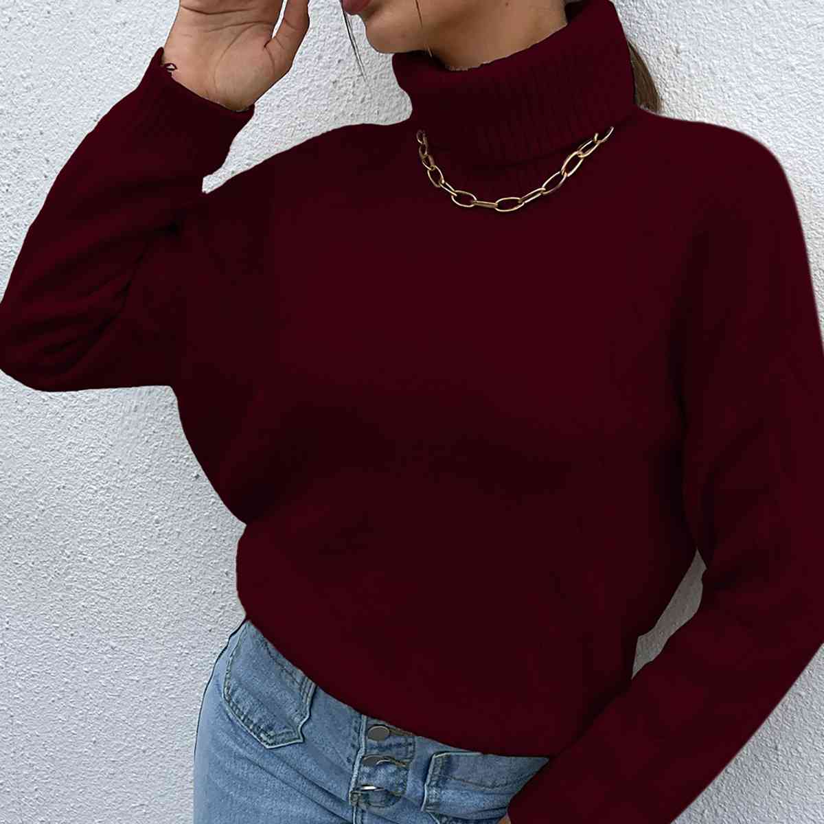 Turtleneck Dropped Shoulder Long Sleeve Sweater - T - 4 COLORS -