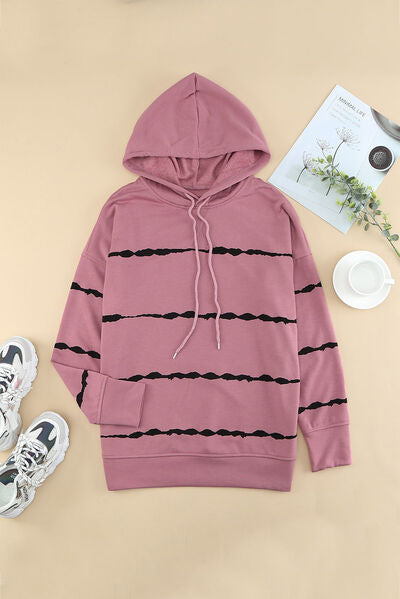 Drawstring Striped Dropped Shoulder Hoodie - T - 2 COLORS -