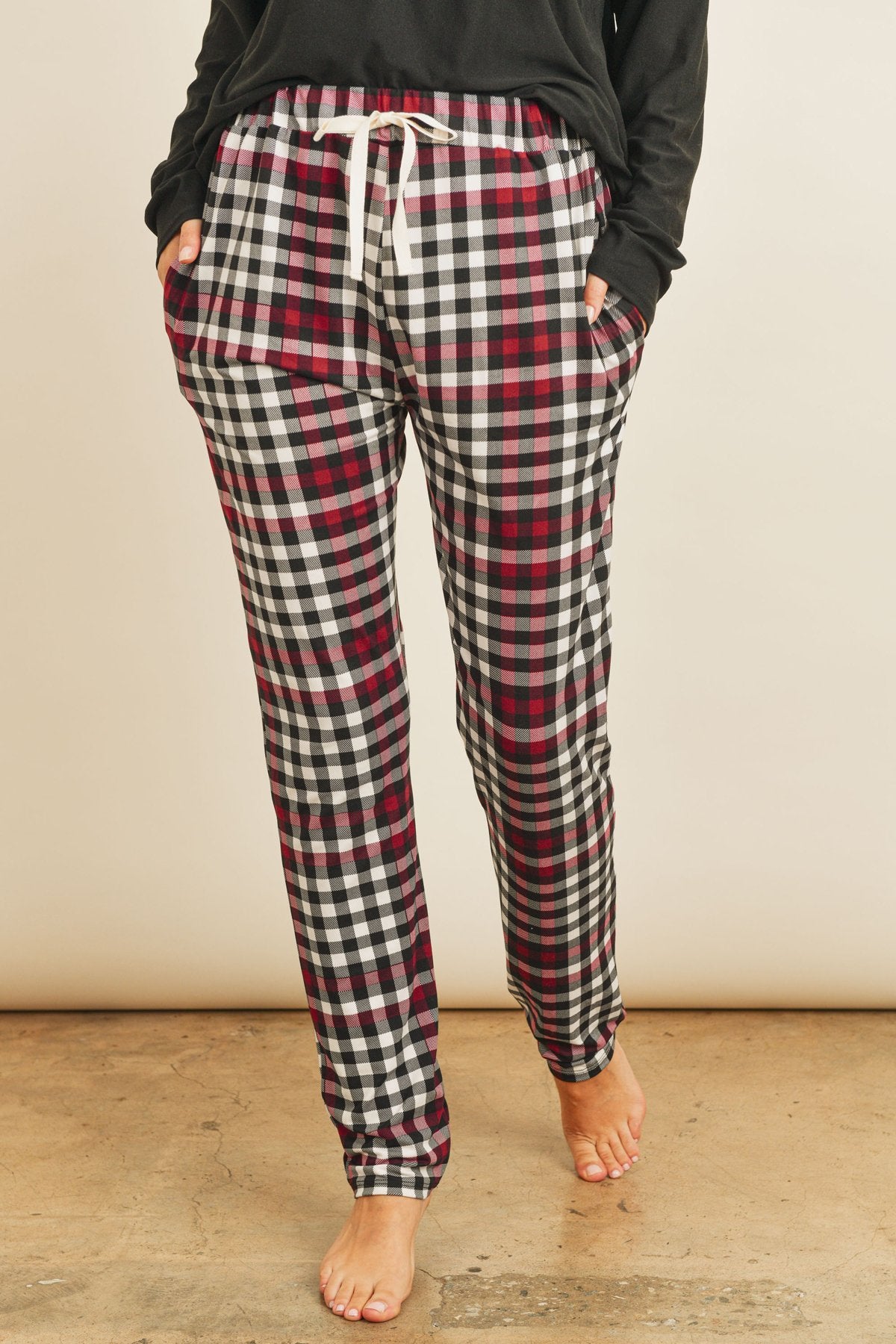 Riah Fashion - Solid Top Plaid Pocket and Joggers Pants Set With Self Tie - 2 COLOR PATTERNS -