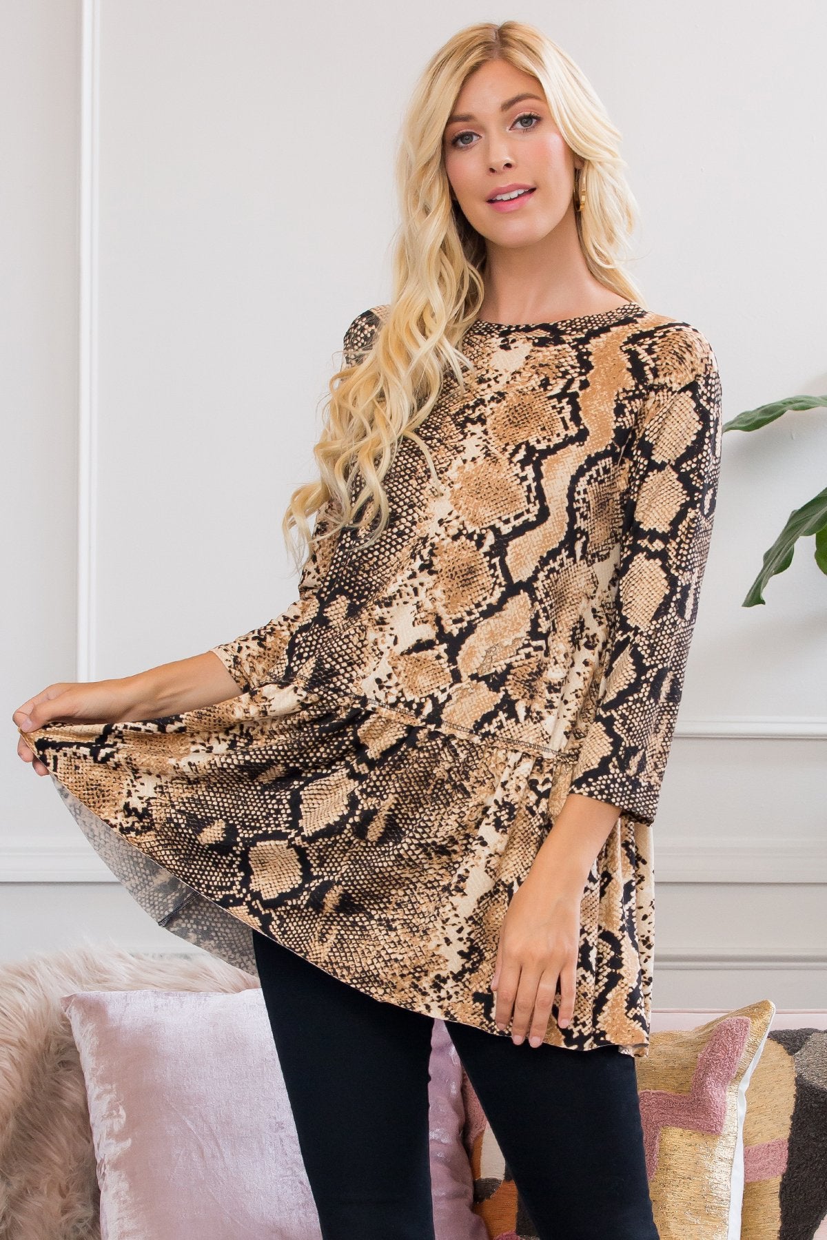 Riah Fashion - Fierce Look Snake Skin Ruffled Tunic - 3 COLORS -