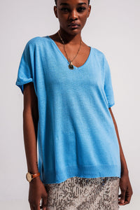 Thumbnail for Q2 - Short Sleeve Jumper With v Neck in Blue - 1 COLOR -