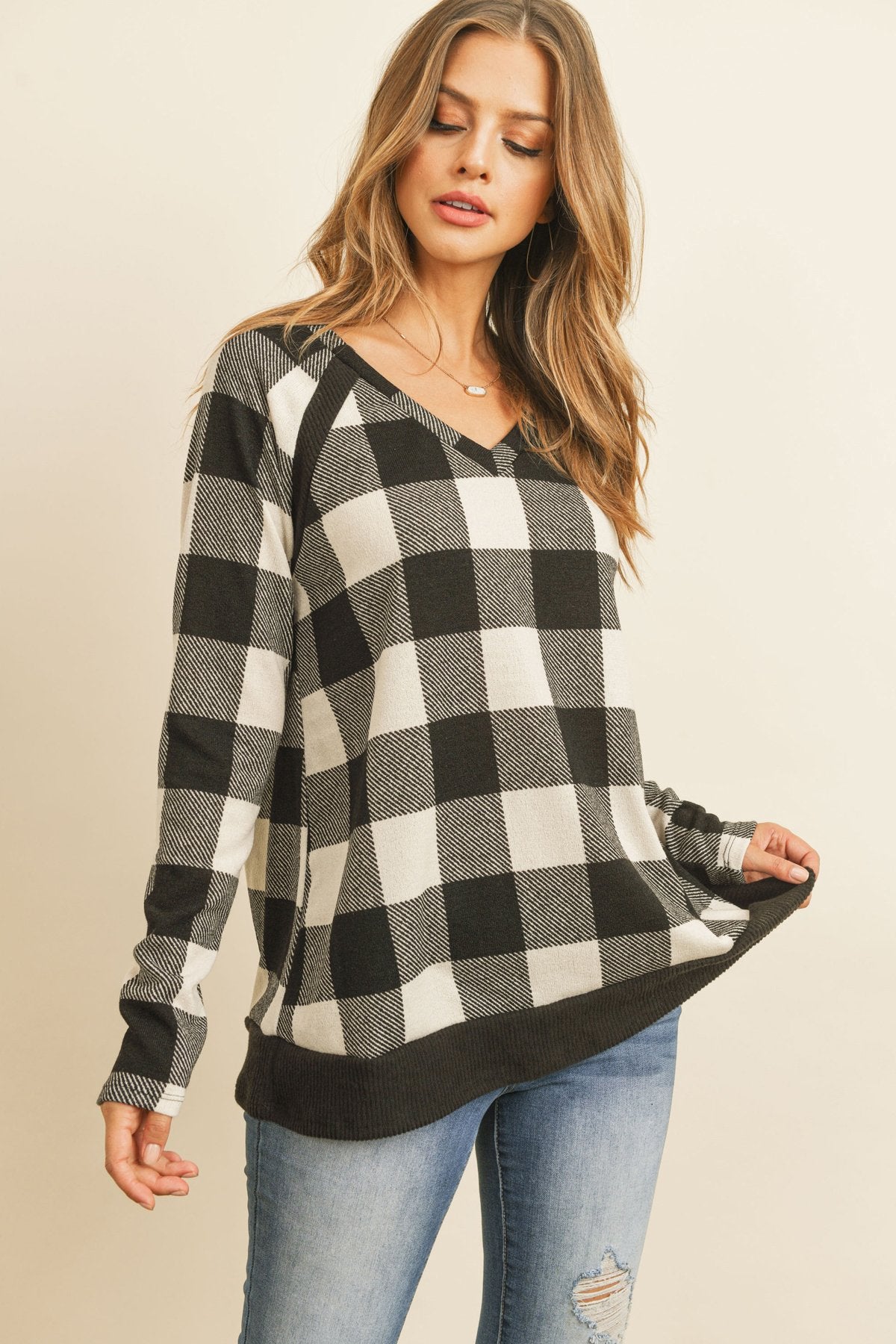 Riah Fashion - Checker Plaid V-Neck Long Sleeve Top - 2 COLORS -