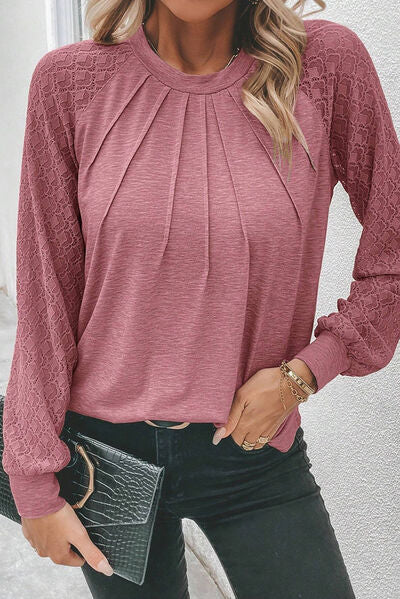 Heathered Round Neck Long Sleeve T-Shirt - T - 2 COLORS -