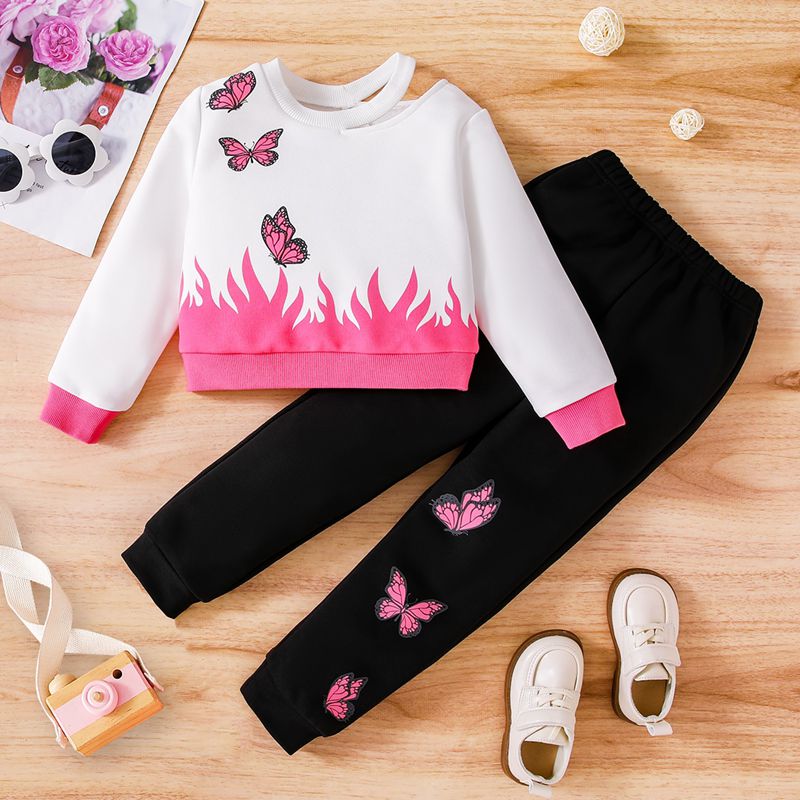 Butterfly Print Round Neck Long Sleeve Top and Pants Set - T - 2 PCS. - 1 COLOR -