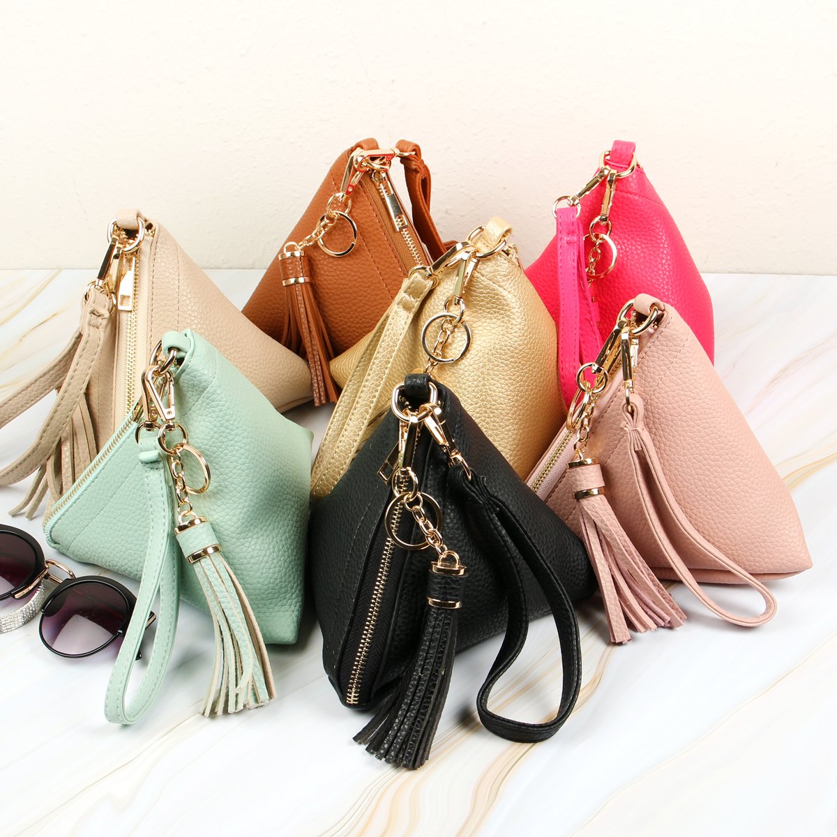 Riah Fashion - Pyramid Shape Tassel Wristlet Leather Bag - 15 COLORS -