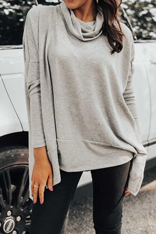 Cowl Neck Long Sleeve Slit Blouse - T - 1 COLOR -