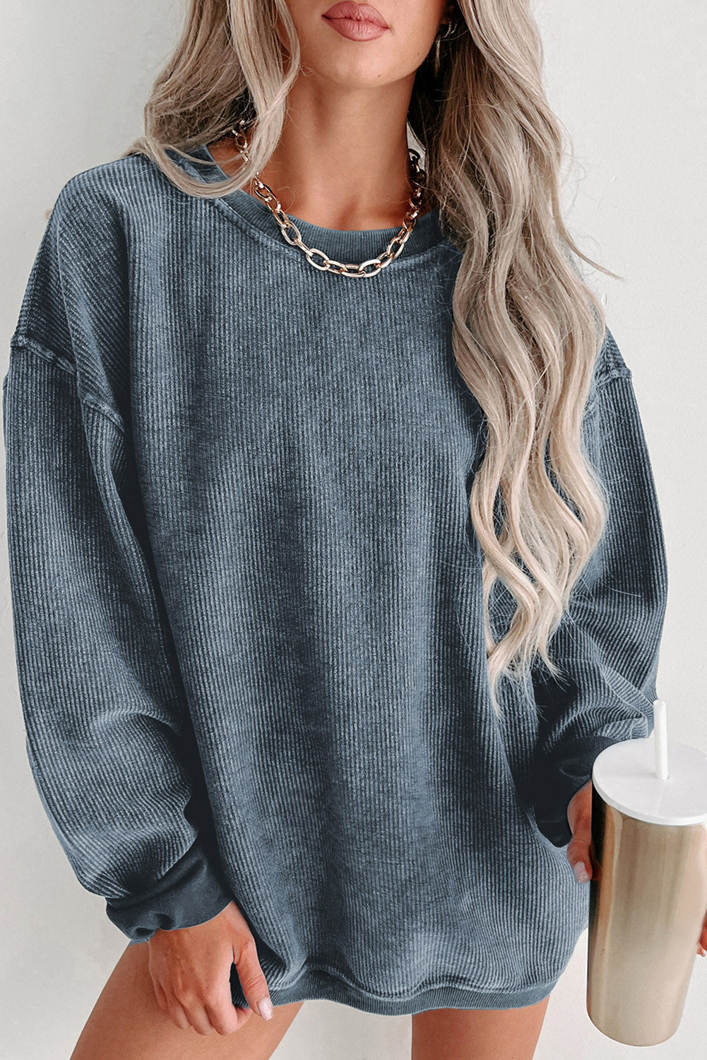 Round Neck Dropped Shoulder Sweatshirt - T - 1 COLOR -