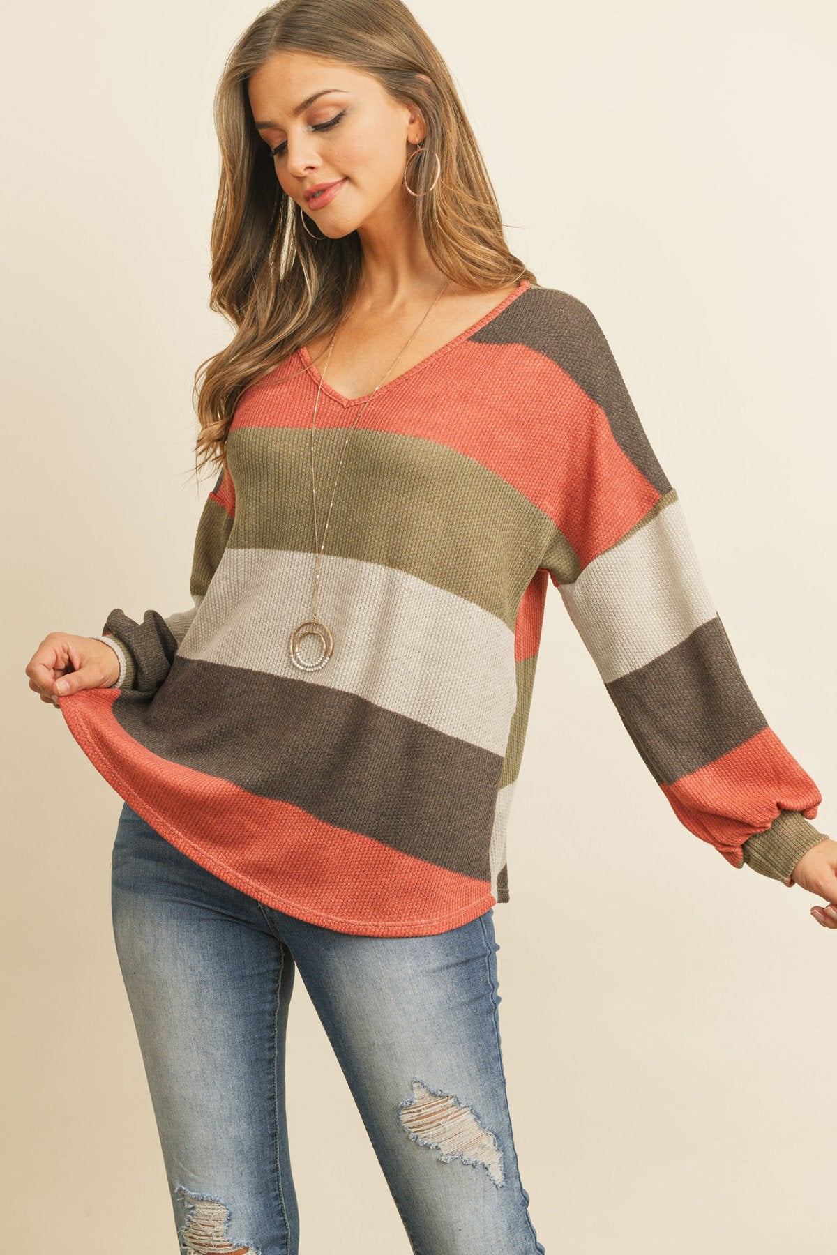 Riah Fashion - Rib Multicolor Stripes V-Neck Puff Sleeves Top - 3 COLORS -