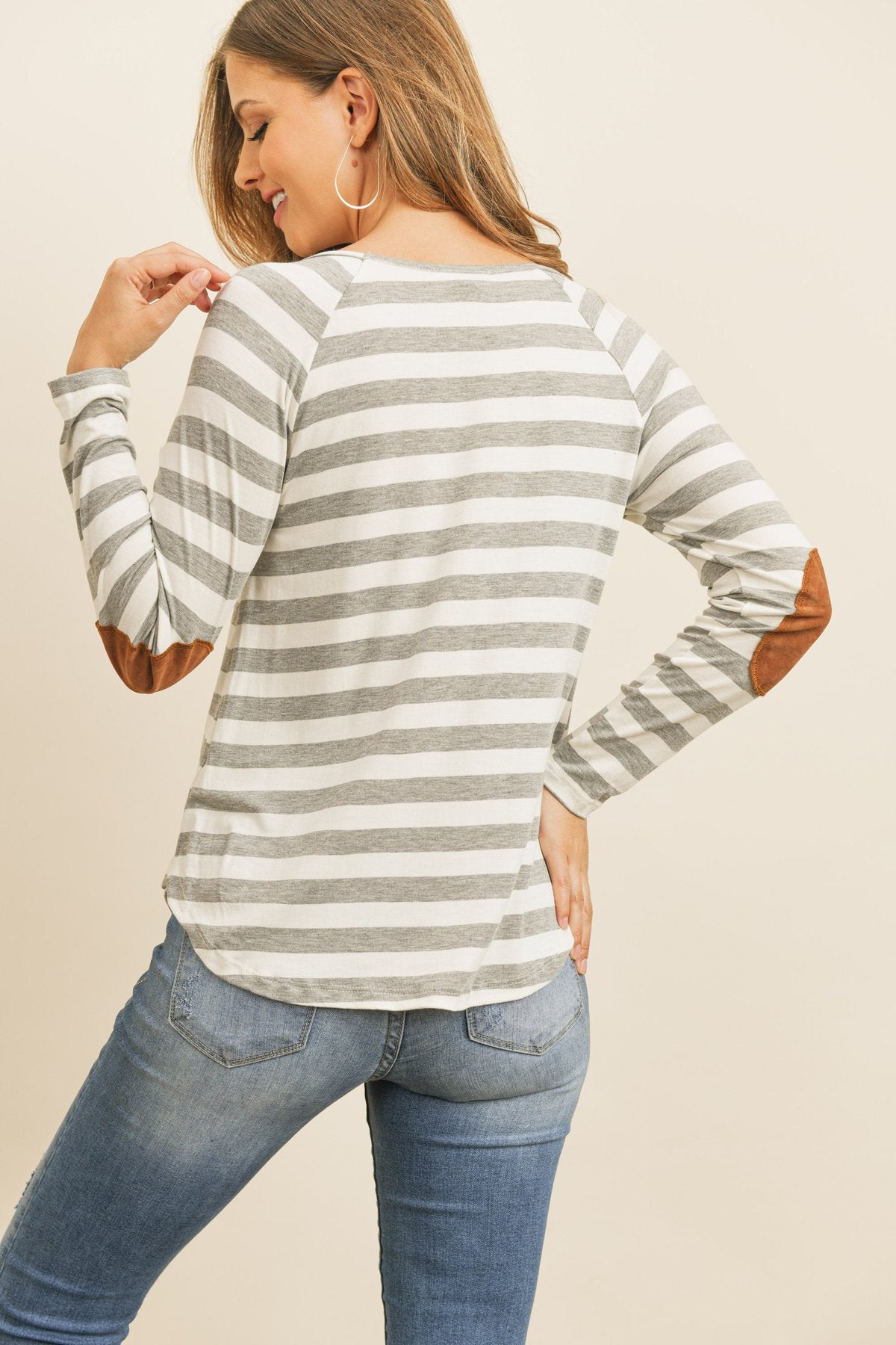 Riah Fashion - Elbow Suede Patch Striped Tunic - 6 COLORS -