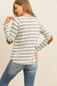 Thumbnail for Riah Fashion - Elbow Suede Patch Striped Tunic - 6 COLORS -