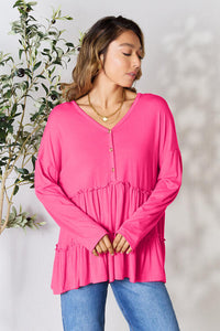 Thumbnail for Double Take Half Button Long Sleeve Ruffle Hem Blouse - SIZES S THRU 3XL - T - 7 COLORS -