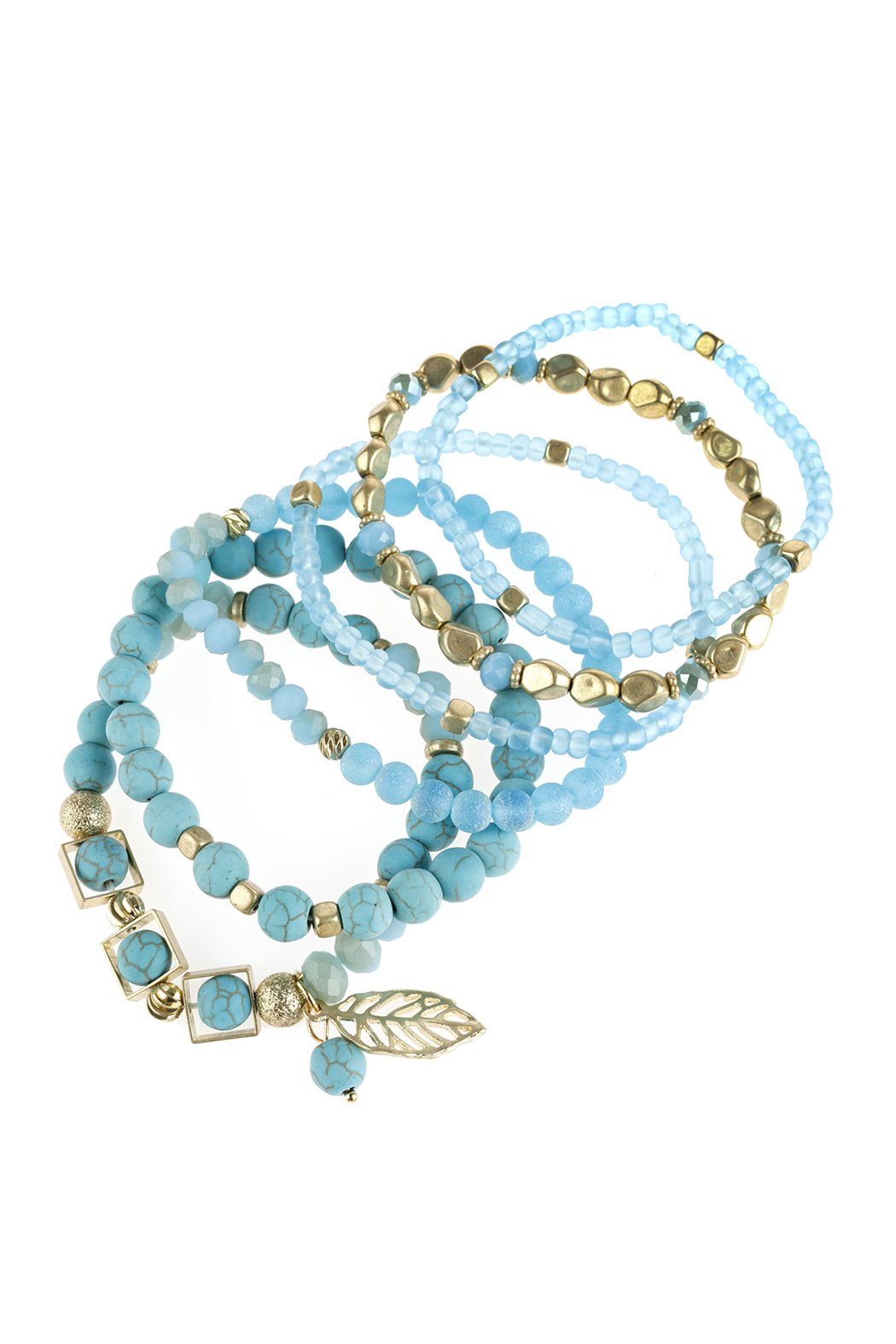 Natural Stone Mixed Beads Leaf Charm Bracelet - 5 COLORS