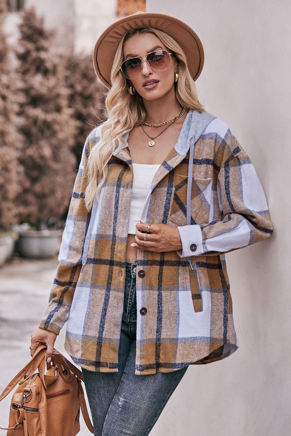 Plaid Dropped Shoulder Hooded Jacket - T - 5 COLORS -