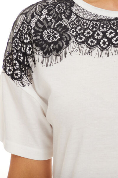 Lace Detail Round Neck Short Sleeve T-Shirt - T - 4 COLORS -