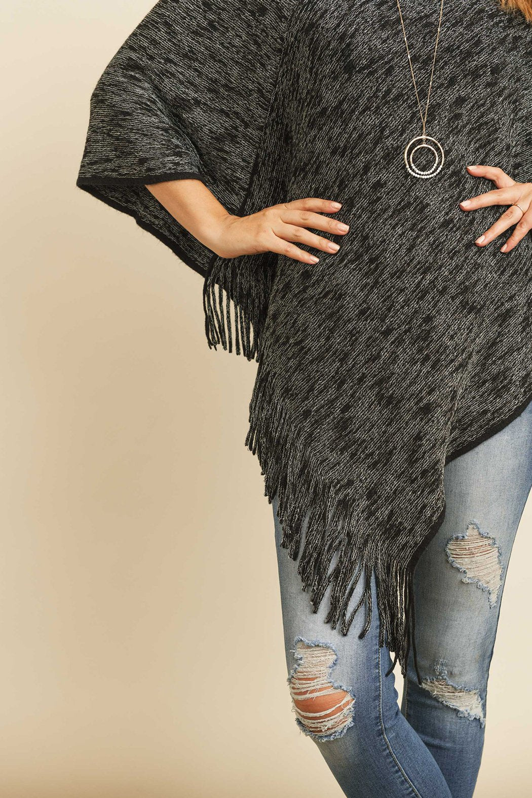 Riah Fashion - Black Two Tone Fringe Poncho - 1 COLOR -