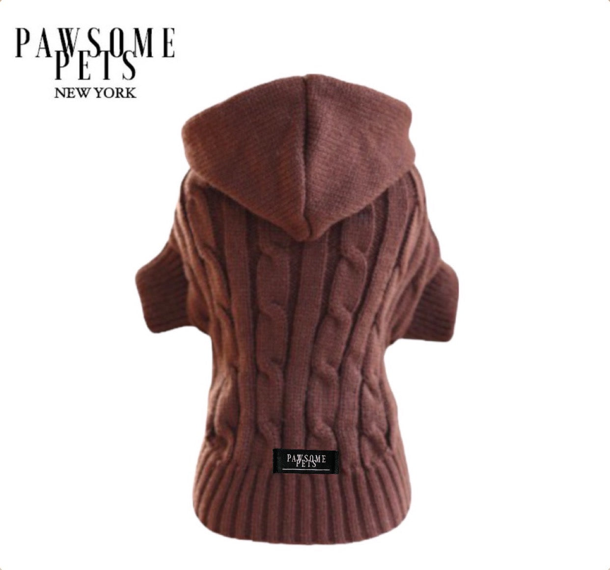 (Extra Warm) Dog and Cat Cable Knit Sweater With Hat - Brown -