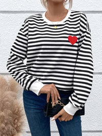 Thumbnail for Heart Patch Striped Round Neck Long Sleeve Sweatshirt - T - 1 COLOR -