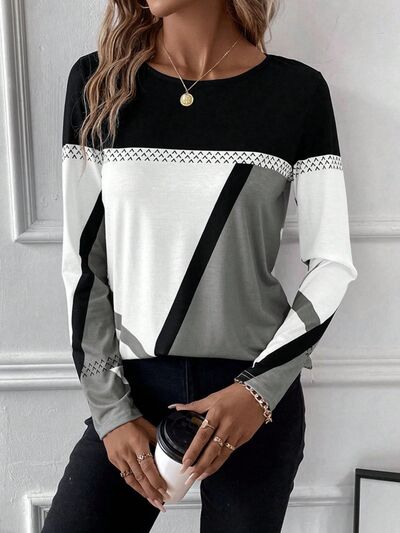 Contrast Round Neck Long Sleeve T-Shirt - T - 4 COLORS -