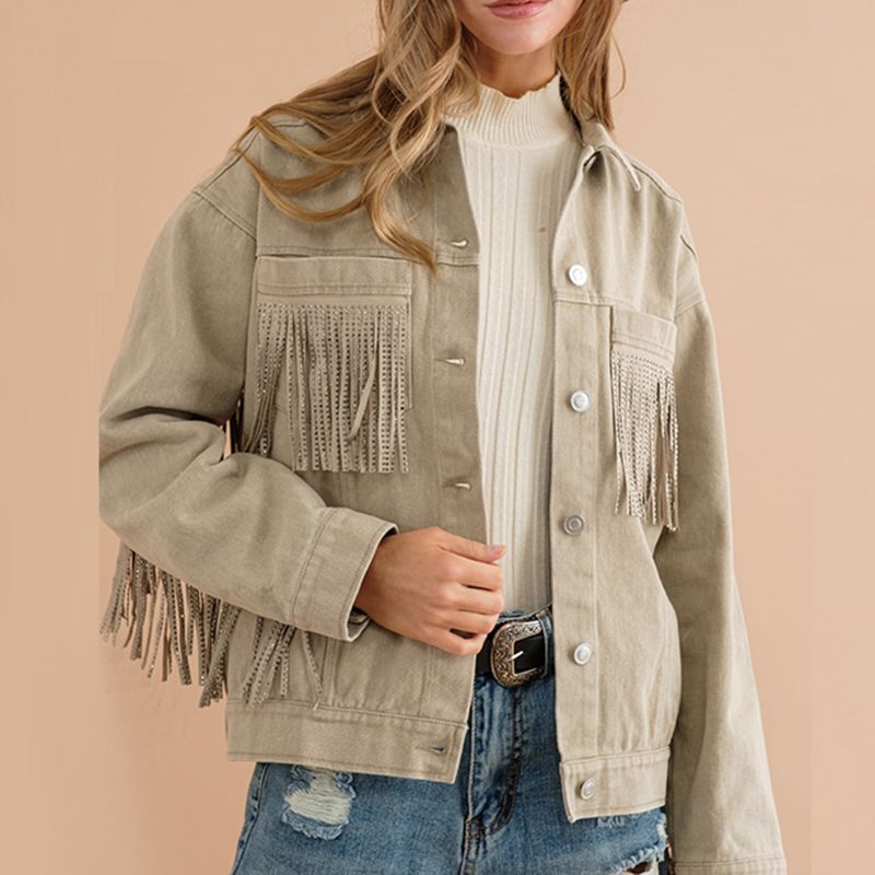 Fringe Detail Dropped Shoulder Denim Jacket - T - 3 COLORS -