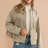 Thumbnail for Fringe Detail Dropped Shoulder Denim Jacket - T - 3 COLORS -