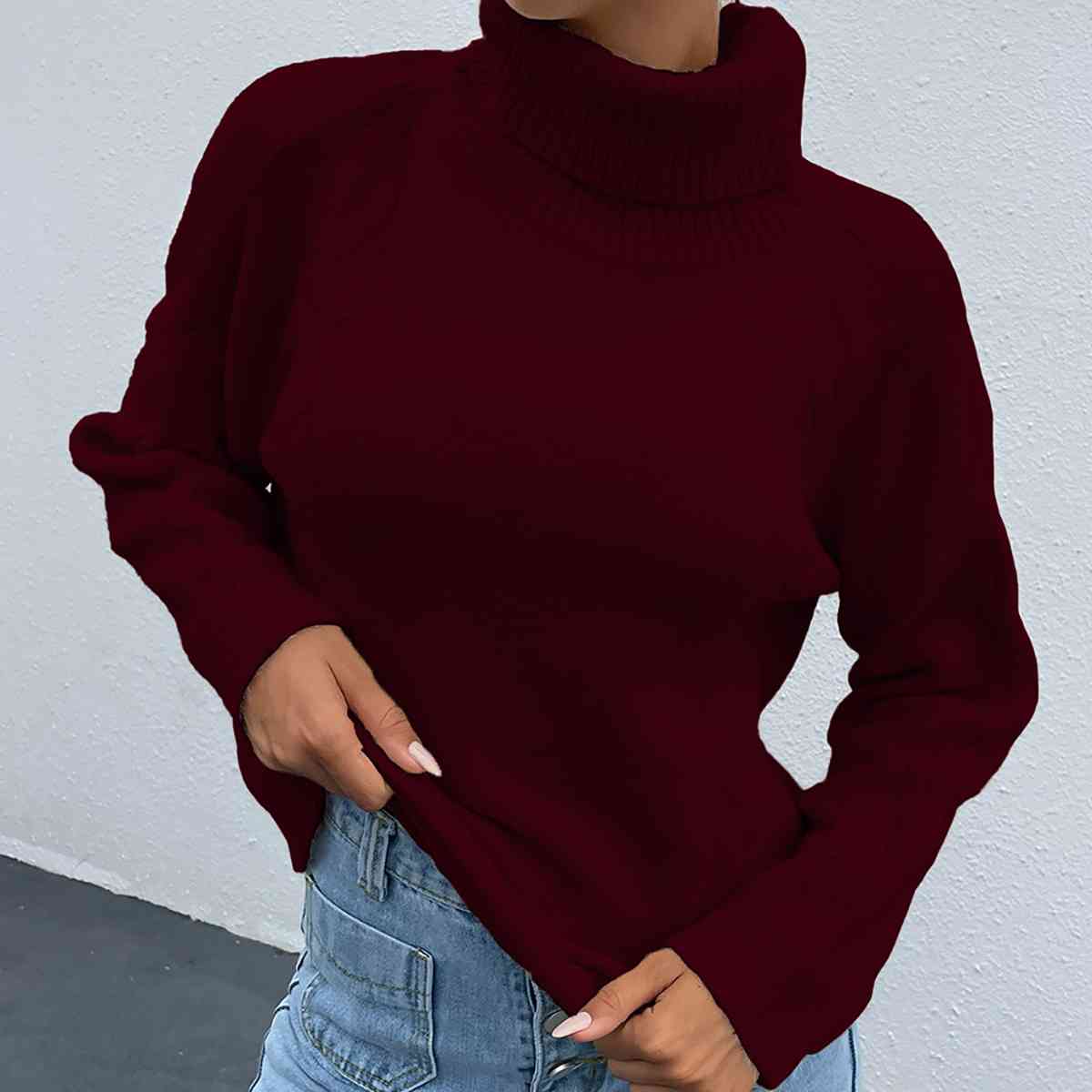 Turtleneck Dropped Shoulder Long Sleeve Sweater - T - 4 COLORS -