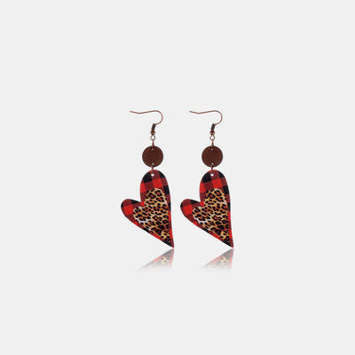 Faux Leather Wood Heart Dangle Earrings - T - 1 COLOR -