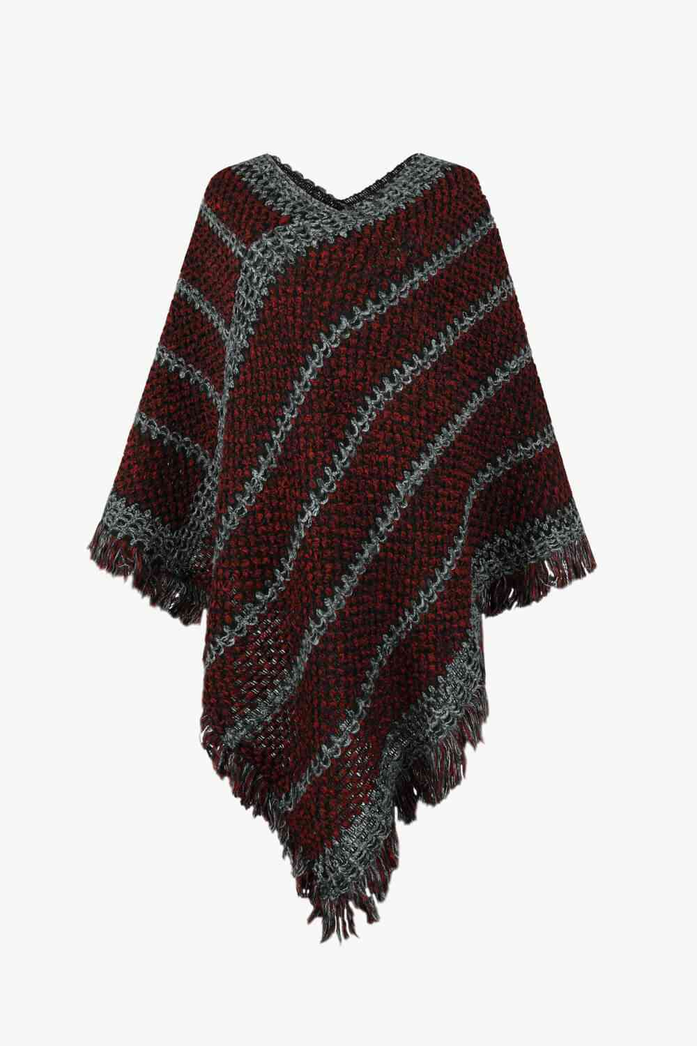 V-Neck Fringe Hem Poncho - ONE SIZE - T - 6 COLORS -