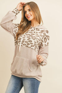 Thumbnail for Riah Fashion - Animal Print Contrast Hoodie With Kangaroo Pockets - 2 COLORS -