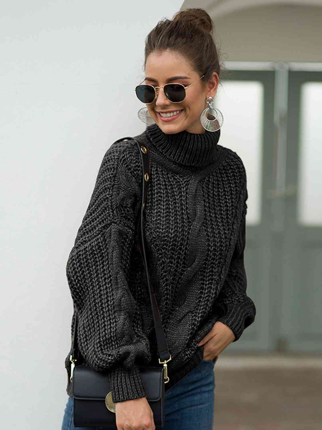 Turtleneck Cable-Knit Dropped Shoulder Sweater - T - 5 COLORS -