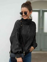 Thumbnail for Turtleneck Cable-Knit Dropped Shoulder Sweater - T - 5 COLORS -