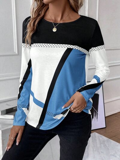 Contrast Round Neck Long Sleeve T-Shirt - T - 4 COLORS -