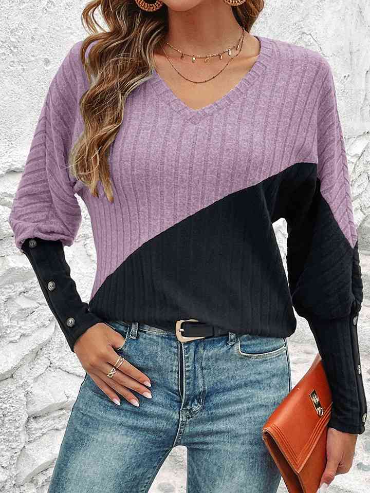 Contrast Buttoned V-Neck Blouse - T - 4 COLORS -