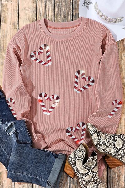 Candy Cane Sequin Dropped Shoulder Sweatshirt - T - 1 COLOR -