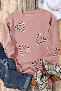 Thumbnail for Candy Cane Sequin Dropped Shoulder Sweatshirt - T - 1 COLOR -