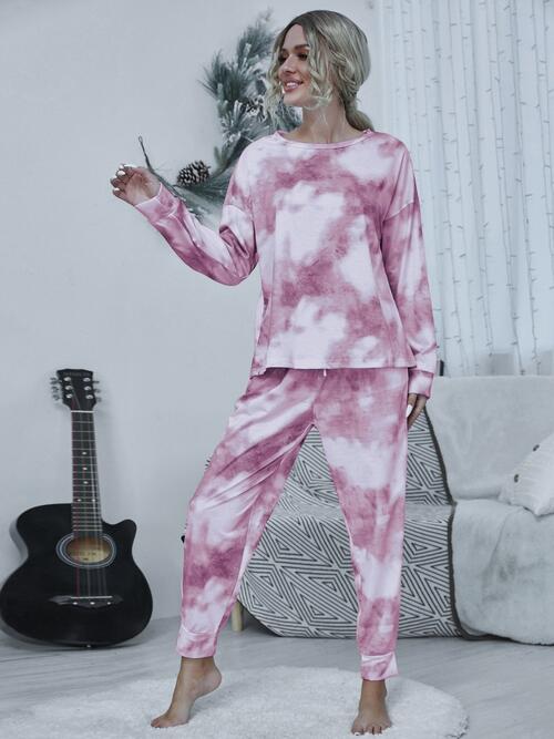 Tie-dye Round Neck Top and Drawstring Pants Lounge Set - 2 PCS. - T - 4 COLORS -