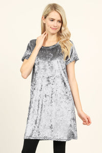 Thumbnail for Riah Fashion - Short Sleeve Crushed Velvet Tunic Dress - 11 COLORS -