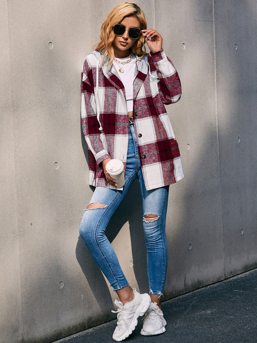 Plaid Dropped Shoulder Hooded Jacket - T - 4 COLORS -