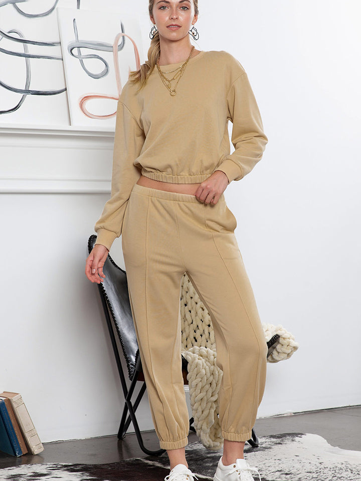 Round Neck Long Sleeve Cropped Top and Pants Set - 2 PCS. - T - 1 COLOR -