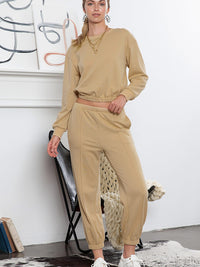 Thumbnail for Round Neck Long Sleeve Cropped Top and Pants Set - 2 PCS. - T - 1 COLOR -