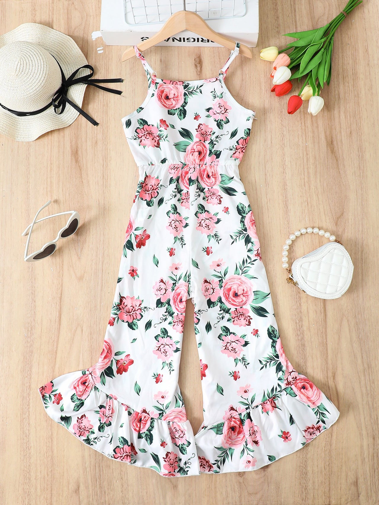 Floral Spaghetti Strap Flare Leg Jumpsuit - T - 4 SIZES - 1 COLOR -