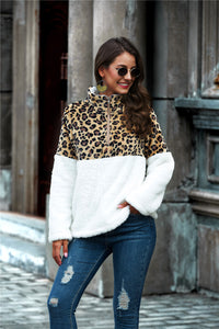 Thumbnail for Leopard Color Block Half-Zip Collar Teddy Sweatshirt - T - 1 COLOR -