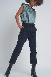 Thumbnail for Q2 - Gathered Satin Shoulder Pad Sleeveless Top in Green - 1 COLOR